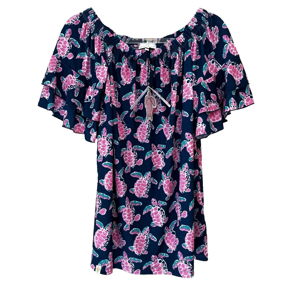 Simply Southern Womens blue off shoulder blouse with turtles size Large NEW NWT